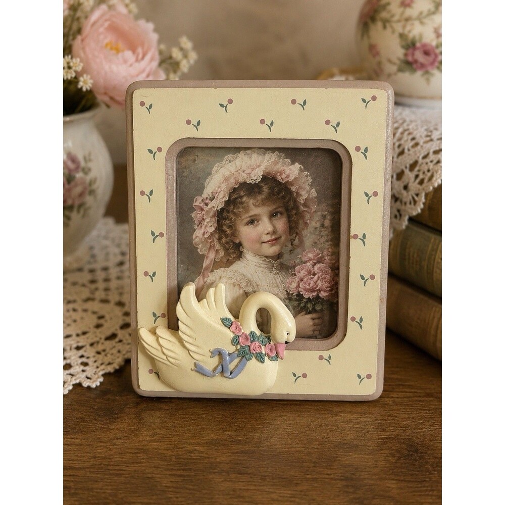 Vintage Swan Photo Picture Frame Pink Roses Cottagecore Shabby Chic 5x4 Decor